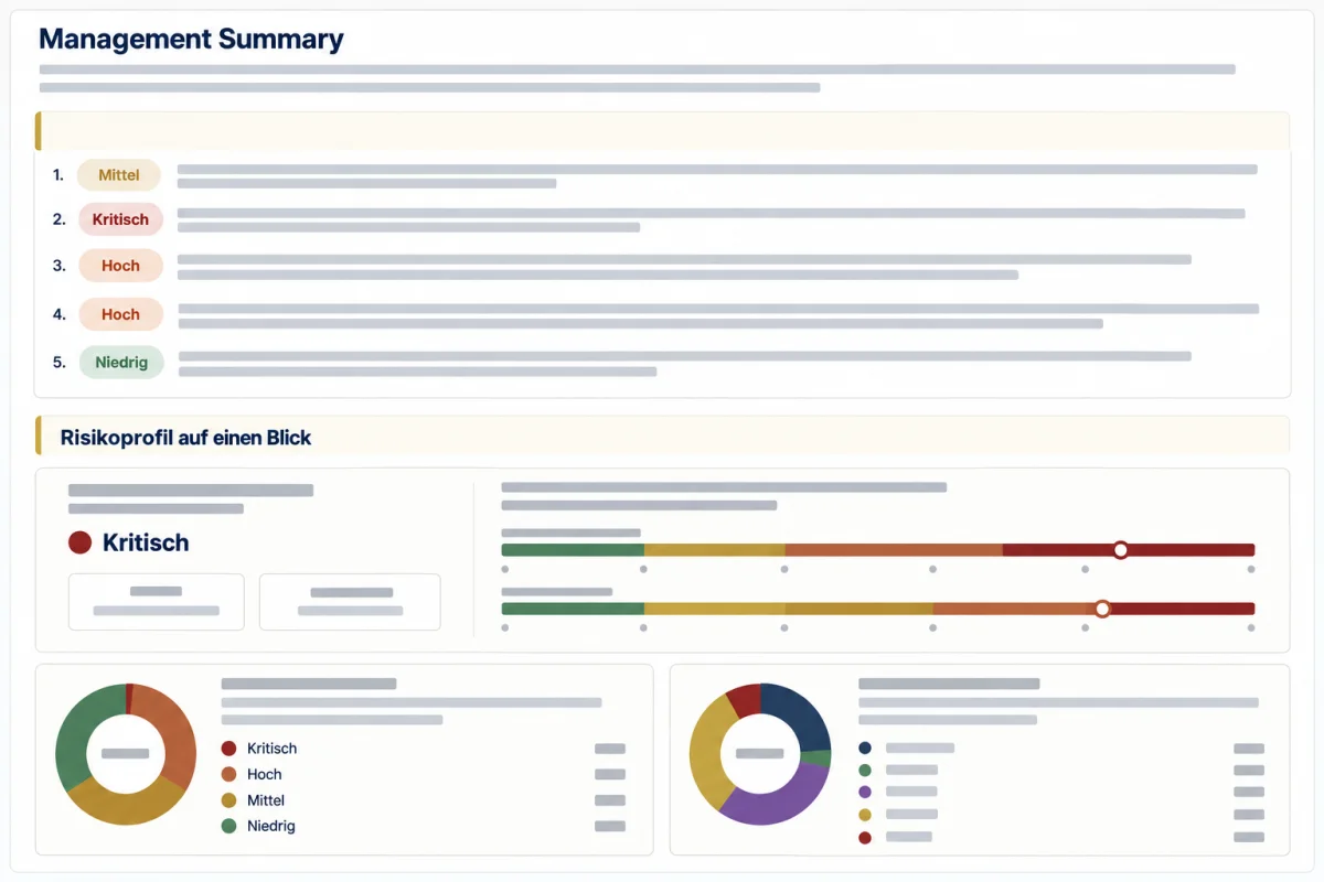 Anonymisierte schematische Ansicht einer Management Summary mit Risikoprofil